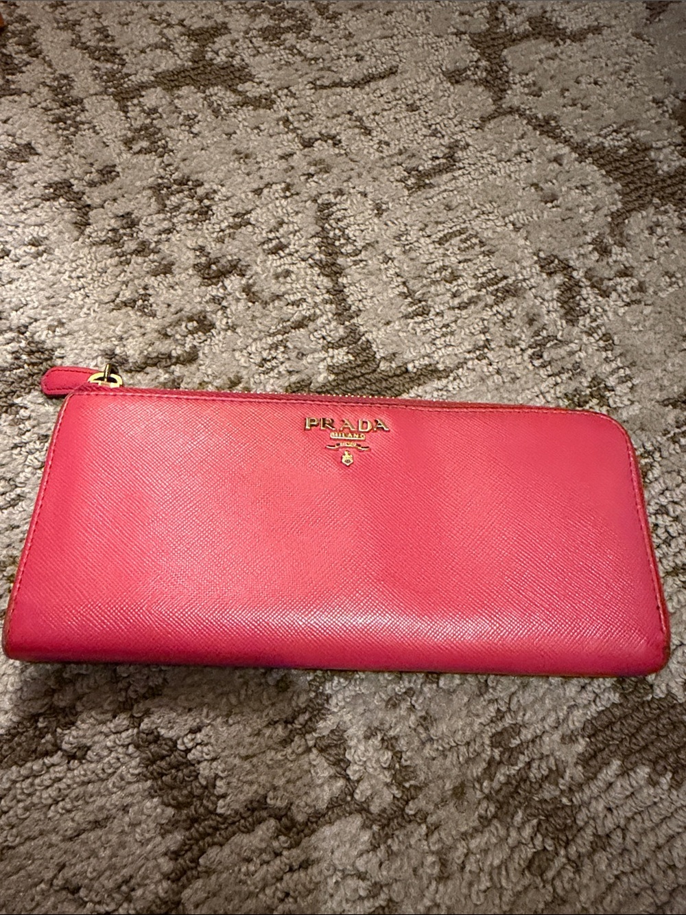 Prada Coral-Pink Saffiano Zip-Around Wallet with Gold Logo